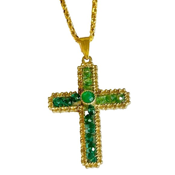 Vintage Gold Bead Cross Pendant Necklace Green Hand Beaded Plated 22" Christian - Picture 1 of 11